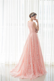 Pink lace round neck A-line long prom dresses for teens graduation dresses