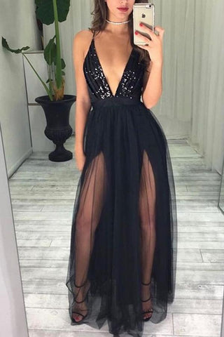 Sexy Black Spaghetti Straps Deep V Neck High Slit Tulle with Beads Prom Dresses JS43