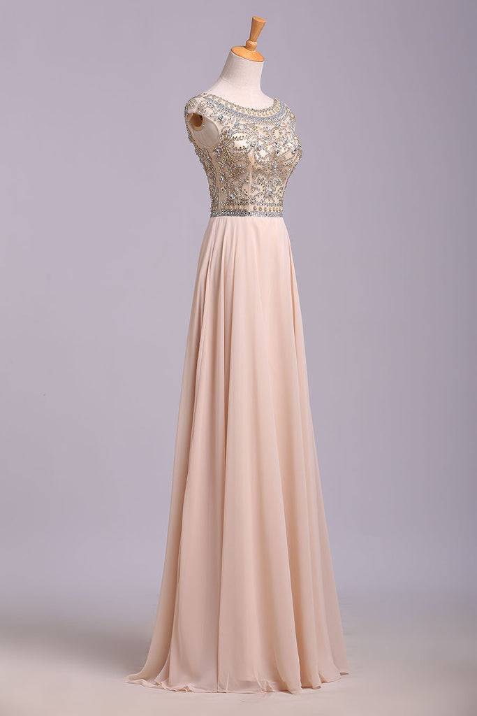 Blush Pink Cap Sleeve Chiffon Beads Round Neck Open Back Long Prom Dresses JS174