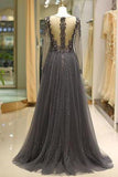 Elegant A Line V Neck Long Sleeves Tulle Grey Prom Dresses with Beading JS85