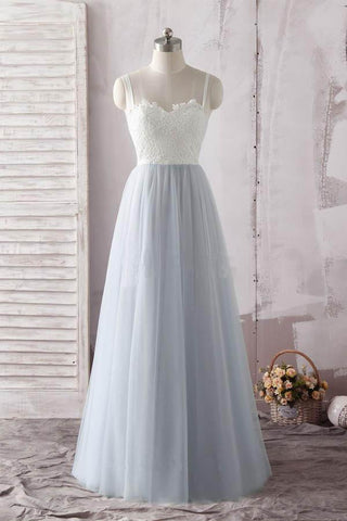 Simple A Line Spaghetti Straps Gray Sweetheart Ivory Lace Blue Tulle Prom Dresses JS608