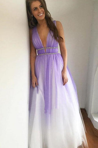 Ombre Open Back Deep V Neck Long Tulle Purple Backless Beading Prom Dresses JS77