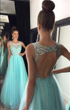 Light Blue Crystal Long A-Line Prom Dress Halter Prom Dress Open Back Prom Dress JS121