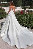 Satin Neckline A-line Open Back Lace Wedding Dress With Pockets Lace Appliques JS497