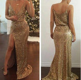 Sexy Mermaid Spaghetti Straps Slit Gold V Neck Sequins Long Sleeveless Prom Dresses JS50