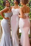 Lace Cheap Long Strapless Mermaid Appliques Backless Custom Bridesmaid Dresses JS257