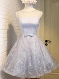 Cute Silver A Line See Through Scoop Organza Top Cheap Lace up Homecoming Dresses JS866