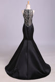 Sexy Black Mermaid Beads High Neck Satin Button Cheap Prom Dresses Party Dress JS173