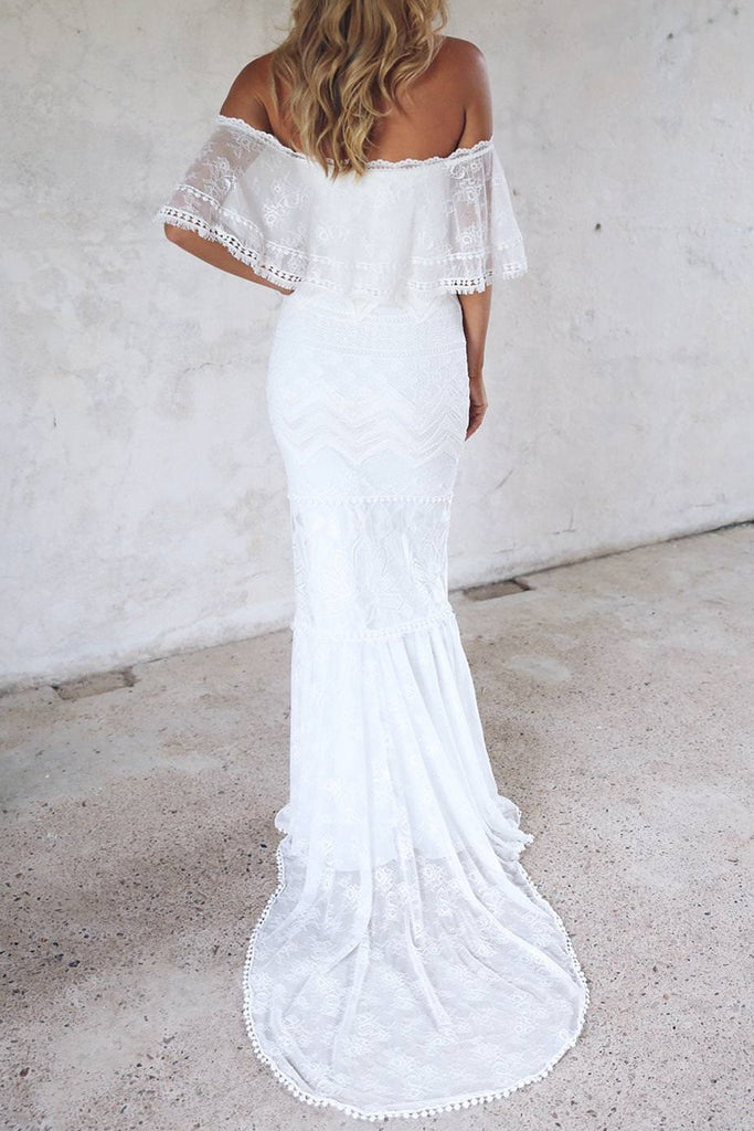 Elegant Mermaid Off the Shoulder Half Sleeve White Lace Beach Wedding Dresses JS779