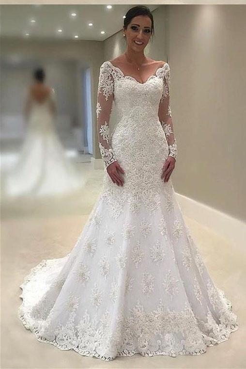 Buy Elegant Lace V Neck Neckline Mermaid Long Sleeve Wedding Dresses ...