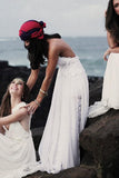 Stunning Backless White Lace Boho Spaghetti Straps Chiffon Beach Lace Lining Wedding Dress JS804