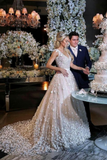 Elegant A-Line V-Neck Sweep Train Ivory Wedding Dress With Appliques