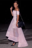 A-line Off-the-Shoulder Organza Ruffles Asymmetrical Backless High Low Prom Dresses JS808