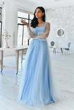 Long Sleeves Chiffon Scoop Prom Dresses Blue Tulle Modest Formal Dresses