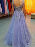 Delicate V Neck Open Back Floor Length With Lace Appliques Prom Dresses