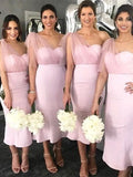 Sheath One-Shoulder Satin Ruffles Sleeveless Tea-Length Bridesmaid Dresses