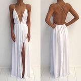 New Style Sexy Backless Long V-Neck Halter Sleeveless Simple Cheap Pink Prom Dresses JS773