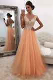 A Line Prom Dresses Tulle With Beads V Neck