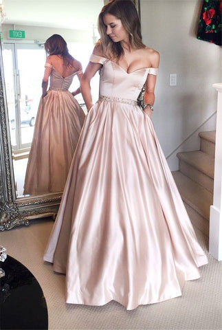 Pearl Pink A-line Off the Shoulder Sweetheart with Pockets Long Senior Prom Dresses JS769