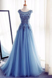 Charming Tulle Blue Lace up A-Line Appliques Long Sleeveless Scoop Prom Dresses uk Z123