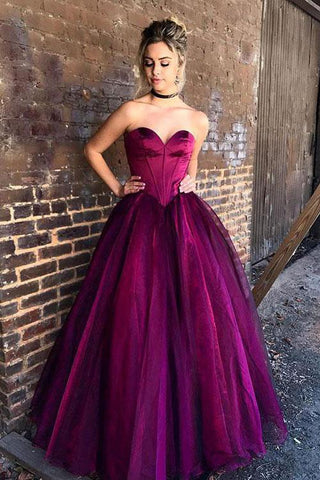Stylish Sweetheart Strapless Purple Tulle Long A-Line Plus Size Prom Dresses JS728