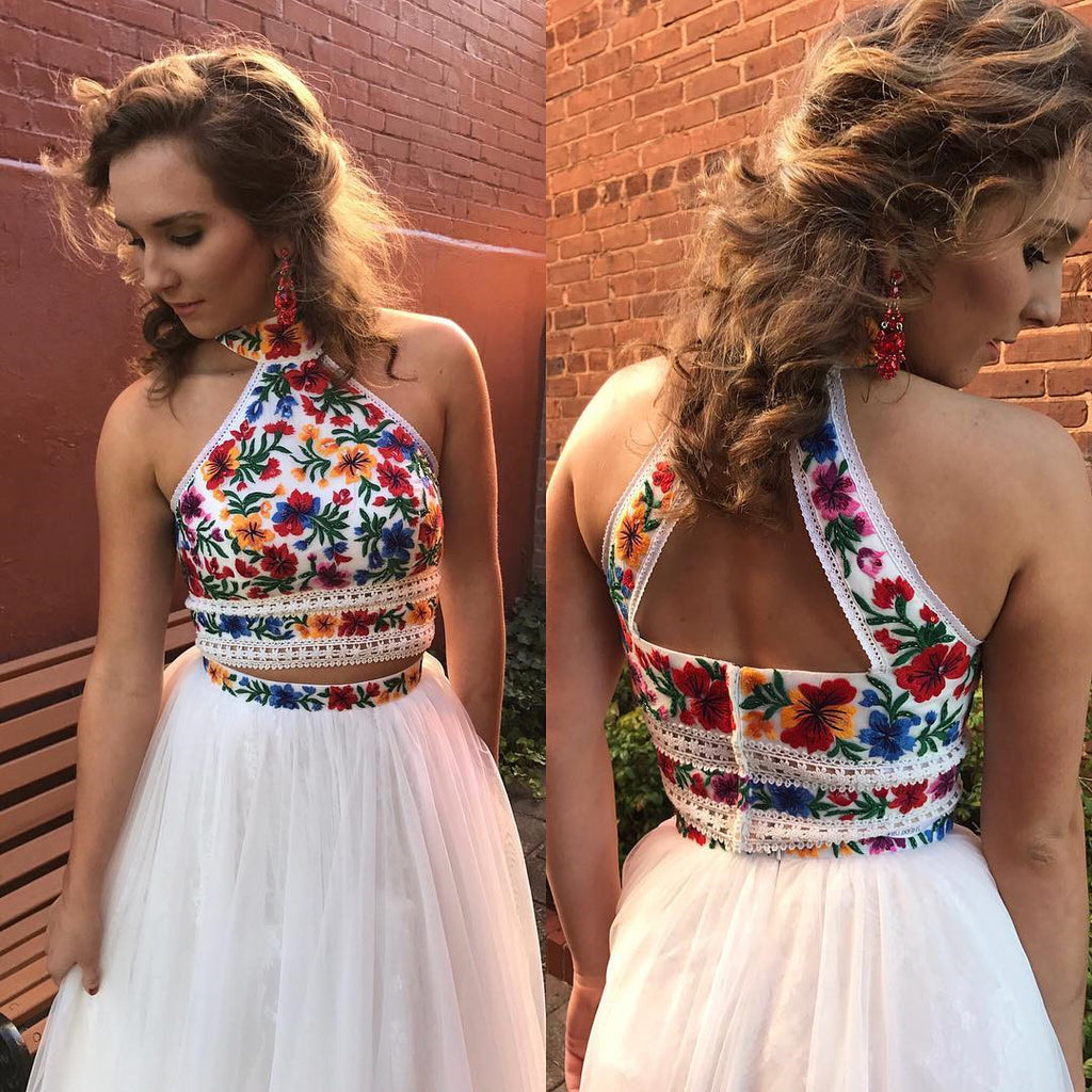 Unique Two Pieces Embroidery High Neck Open Back Tulle Prom Dresses Evening Dresses P1028