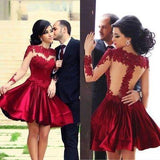 Short Ball Gown High Neckline with Long Sleeves Lace Dark Wine Red Backless Lace Prom Dress JS24