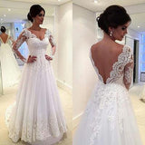 Long Sleeves White Lace Wedding Dresses V Neck Beach Wedding Dress Bridal Gowns JS243