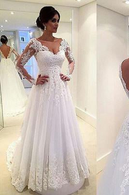 Long Sleeves White Lace Wedding Dresses V Neck Beach Wedding Dress Bridal Gowns JS243