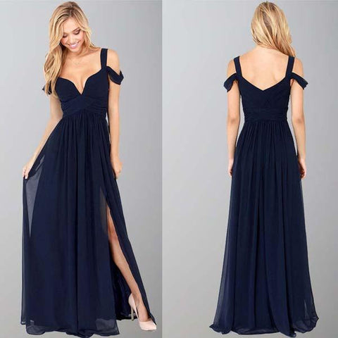 Navy Blue Off-The-Shoulder Long Chiffon Formal With Straps Sleeves Modest Bridesmaid Gown JS77