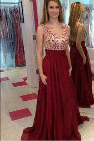 Hot Sales Lace Chiffon Champagne V-Neck Open Back Long Cheap Wine Red Prom Dresses JS31