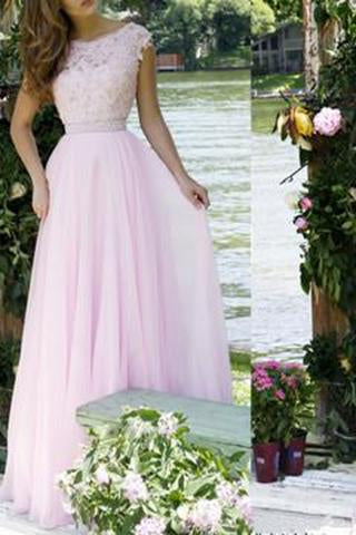 Pink Lace Bodice Prom Dresses Modest Long Evening Gowns For Formal Women Party Gown JS73