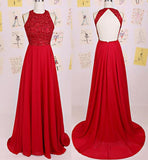 Charming O-Neck Beading A-Line Red Floor-Length Chiffon Backless Prom Dresses JS129