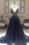 New Arrival Deep V-Neck Lace Chiffon Elegant A-line Black Long Open Back Prom Dresses JS822