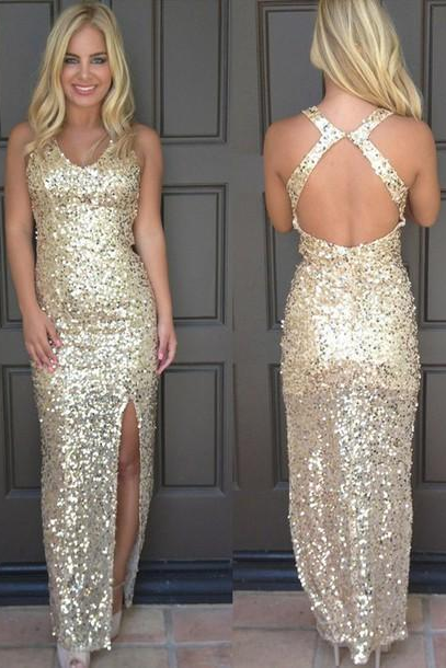Buy Luxurious Mermaid Long with Side Slit Sexy Backless Sequin V-Neck ...