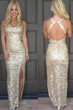 Luxurious Mermaid Long Sexy Backless Sequin V-Neck Sleeveless Prom Dresses