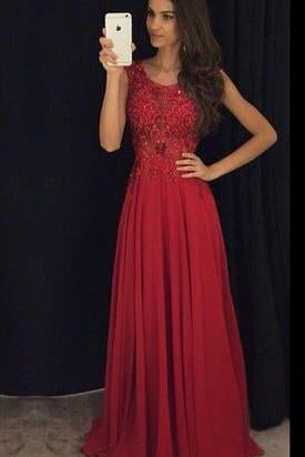 A Line Red Appliques Chiffon Long Beads Sweetheart Sleeveless Floor-Length Prom Dresses JS180