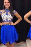 Royal Blue Short Prom Dresses Chiffon Fitted Party Dress Silver Beading Sparkly Cocktail Dress JS911