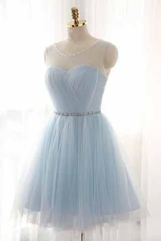 Light Sky Blue Short Prom Dress Sleeveless Open Back Scoop Homecoming Dresses JS909