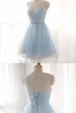 Light Sky Blue Short Prom Dress Sleeveless Open Back Scoop Homecoming Dresses JS909