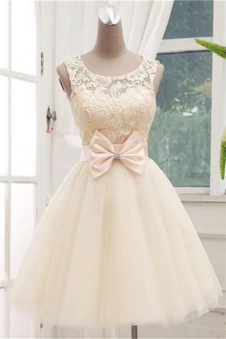 Lace Short Champagne Ball Gown Sleeveless Bowknot Open Back Scoop Homecoming Dresses JS878