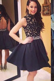 Elegant Short Open Back Lace Black Fitted Halter Cute Mini Homecoming Dresses JS245