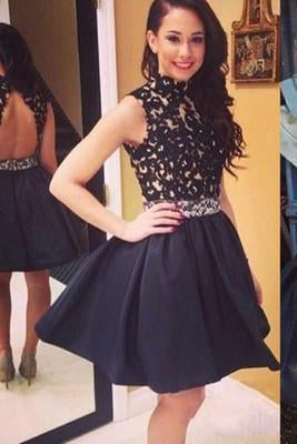 Elegant Short Open Back Lace Black Fitted Halter Cute Mini Homecoming Dresses JS245