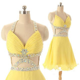 Dramatic A-line V-neck Short Chiffon Backless Daffodil Homecoming Dress with Rhinestone JS470