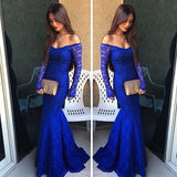 Royal Blue Lace Long Sleeves Sexy Prom Dresses for Teens JS389