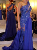 One Shoulder A-Line Long Cheap Prom Dresses Royal Blue Evening Dress Prom Gowns JS129