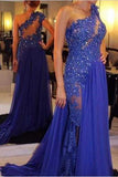 One Shoulder A-Line Long Cheap Prom Dresses Royal Blue Evening Dress Prom Gowns JS129