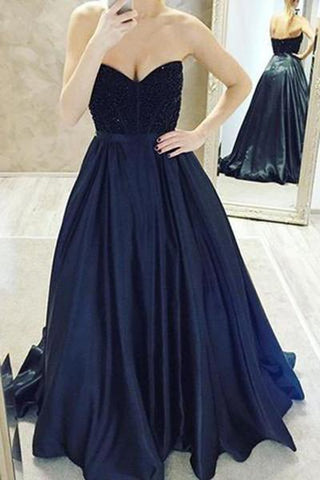 Dark Navy Ball Gown Sweetheart Spaghetti Straps Long Cheap Open Back Evening Dresses JS86