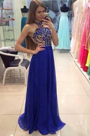 Pretty Royal Blue High Neck A-Line Sleeveless Floor-Length Modest Chiffon Prom Dresses JS833