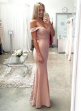 Sexy Pink Lace Off the Shoulder Pink Graduation Dress Formal Dress Long Evening Dresses JS851